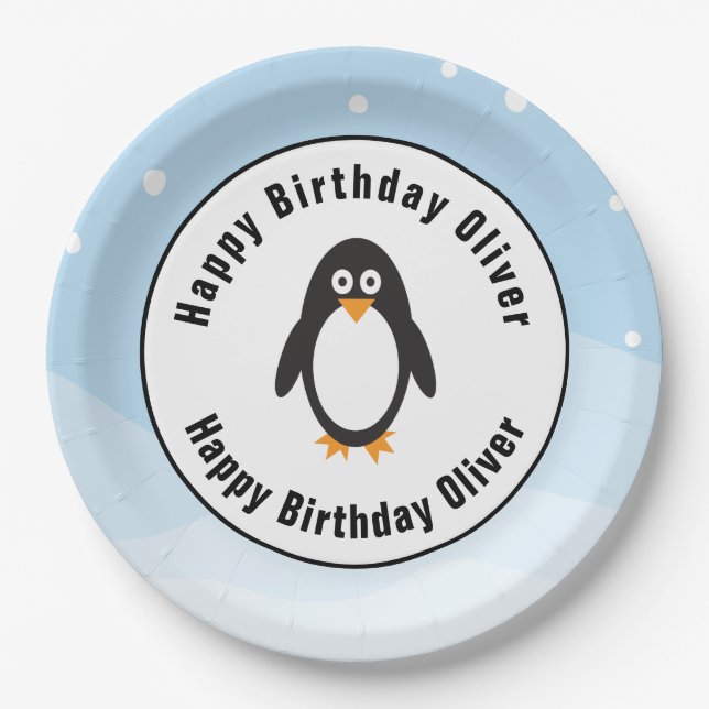 Penguin birthday party plates with snowy scene (Front)