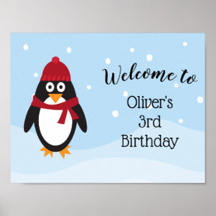 Penguin birthday welcome sign poster - large