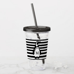 Penguin Black and White Striped Monogram Acrylic Tumbler