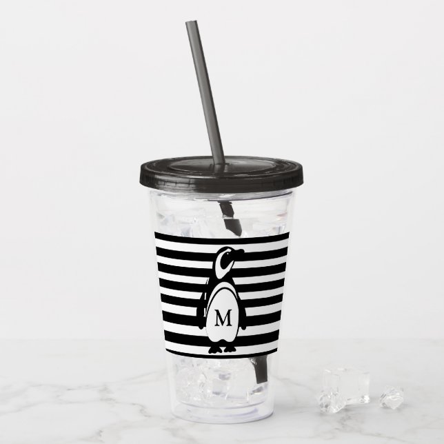 Penguin Black and White Striped Monogram Acrylic Tumbler (Front Ice)