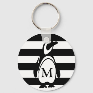 Penguin Black and White Striped Monogram Keychain