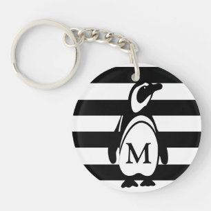 Penguin Black and White Striped Monogram Keychain