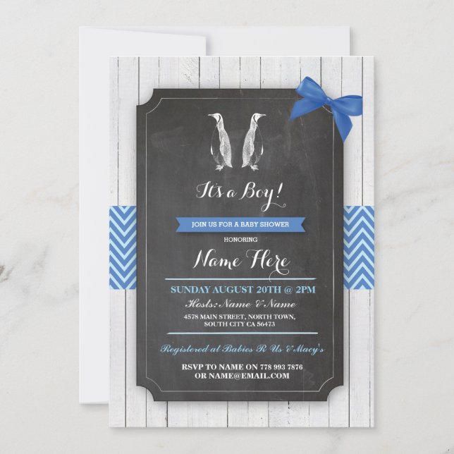 Penguin Blue Baby Shower Party Boy Wood Invite (Front)