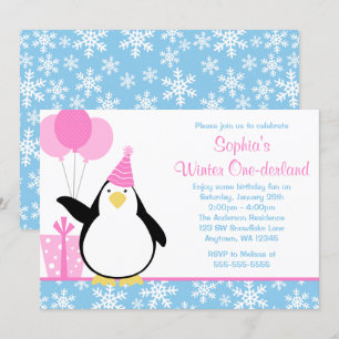 Penguin Blue Snowflakes Winter Onederland Birthday Invitation