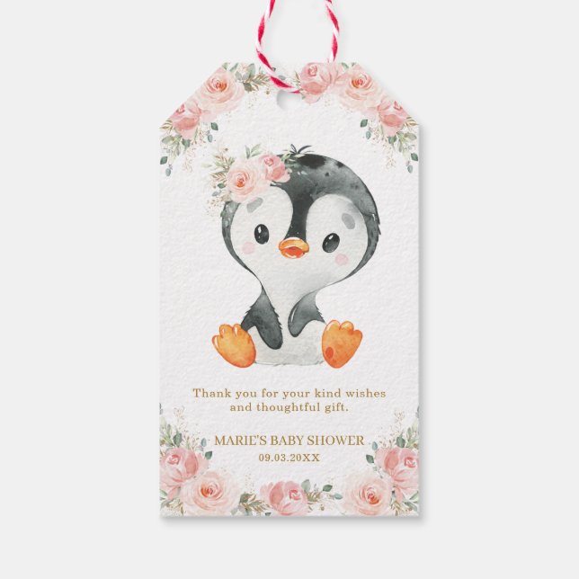 Penguin Blush Floral Baby Shower Birthday Party Gi Gift Tags (Back)