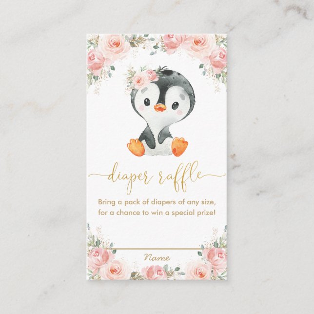 Penguin Blush Pink Floral Baby Diaper Raffle   Enclosure Card (Front)