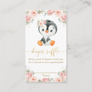 Penguin Blush Pink Floral Baby Diaper Raffle   Enclosure Card