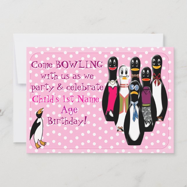 Penguin Bowling Birthday Party Pink (Personalized) Invitation (Front)