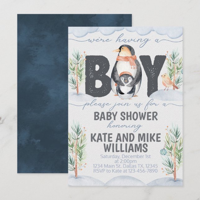 Penguin Boy Baby Shower Invitation Invite (Front/Back)