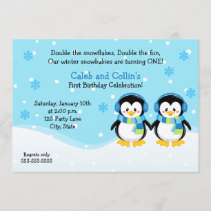Penguin Boy Twins Birthday Invitation
