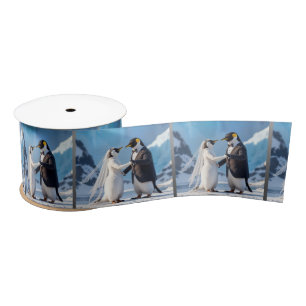 Penguin Bride and Groom Dancing On Ice Satin Ribbon