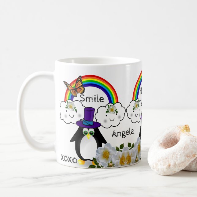 Penguin Butterfly Rainbow Clouds Mug (With Donut)