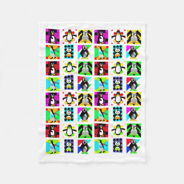 Penguin Cartoon Birds Abstract Art Collage Fleece Blanket (Front)