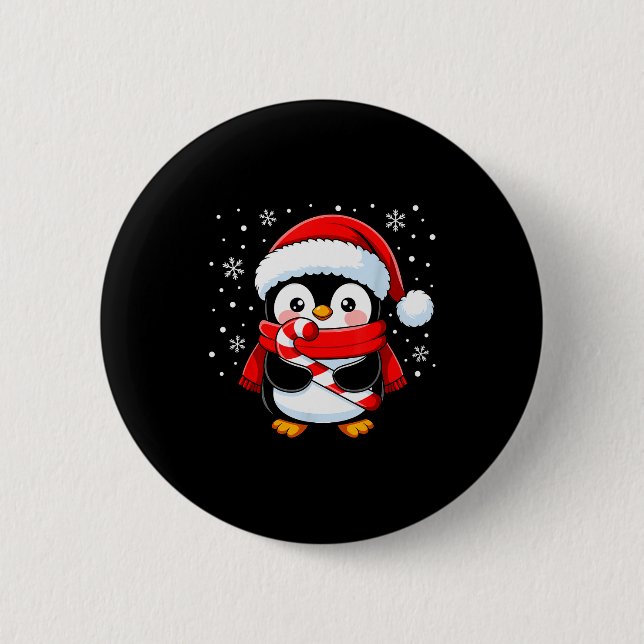 Penguin Christmas Candy Cane Winter Toddler Girl B 2 Inch Round Button (Front)