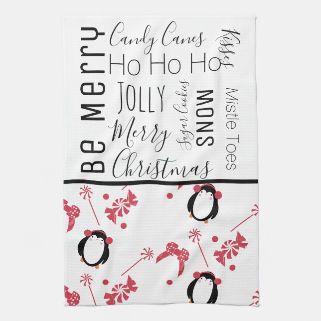 Penguin Christmas Candy Words Kitchen Towel (Vertical)