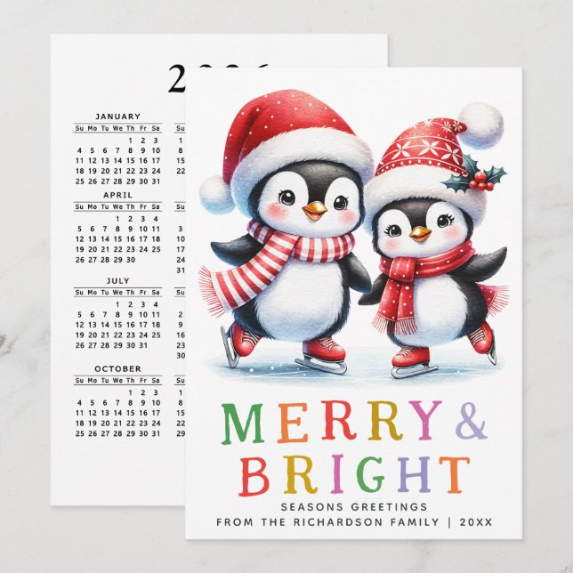Penguin Christmas Colourful Merry and Bright Holiday Card (Front/Back)