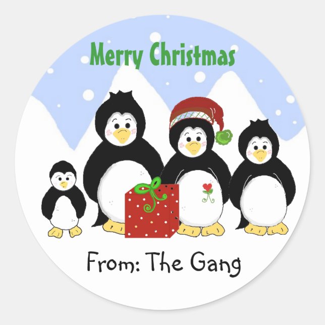 Penguin Christmas From All Of Us Classic Round Sticker (Front)