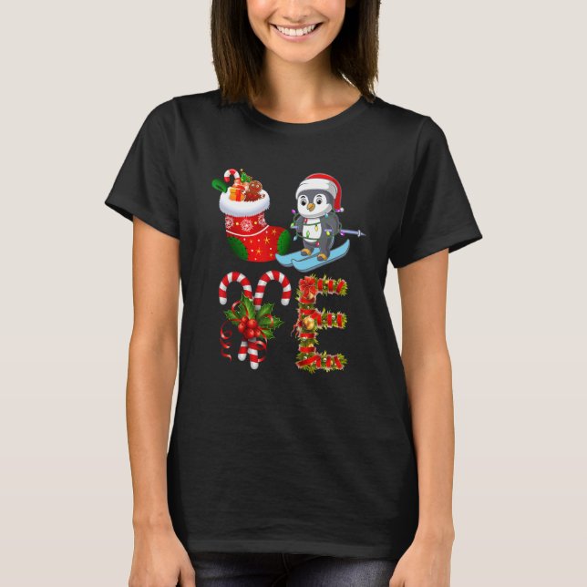 Penguin Christmas Lights Led  Santa Hat Christmas T-Shirt (Front)