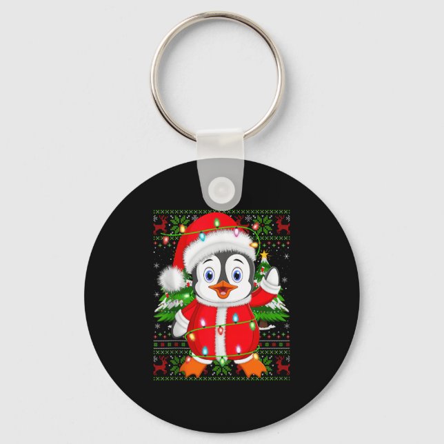 Penguin Christmas Lights Santa Costume Ugly Xmas S Keychain (Front)