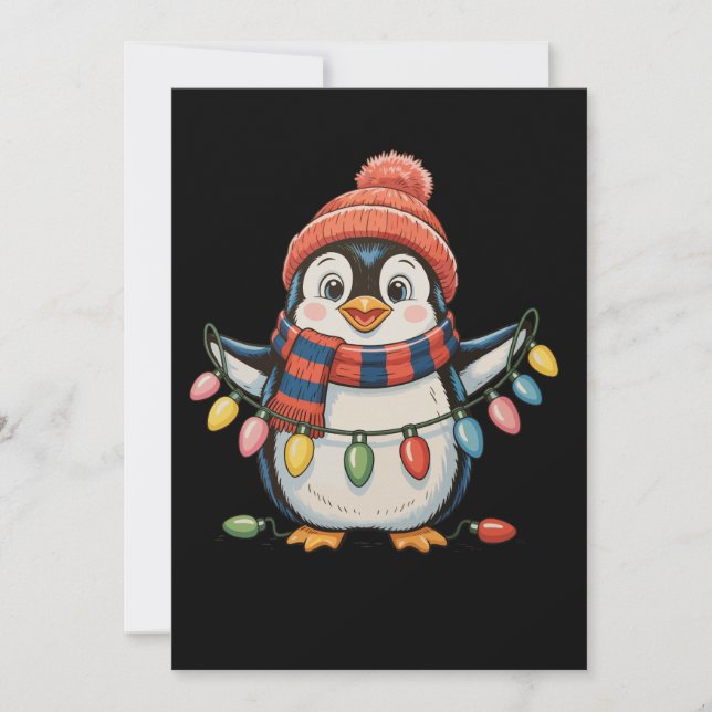 Penguin Christmas Lights Santa Hat Xmas Holiday Card (Front)
