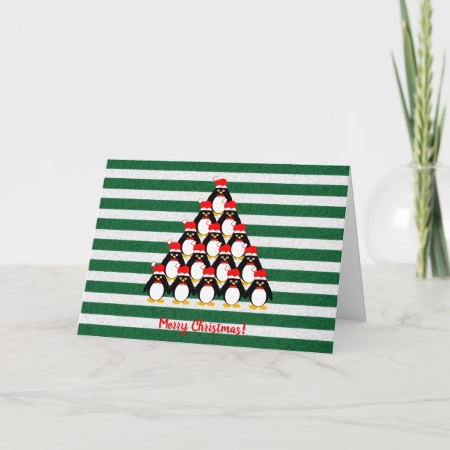 Penguin Christmas Tree Carte de vacances rayée (Devant)