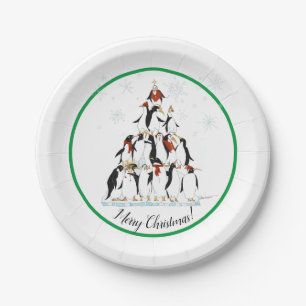 Penguin Christmas Tree Fun Holiday Cartoon Paper Plate