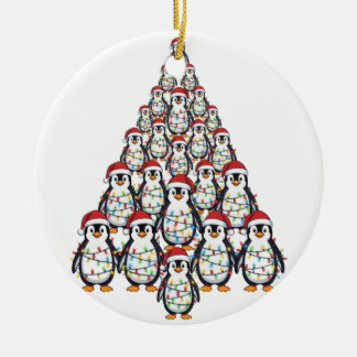 Penguin Christmas Tree Santa Hat Christmas Lights Ceramic Ornament
