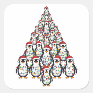 Penguin Christmas Tree Santa Hat Christmas Lights Square Sticker
