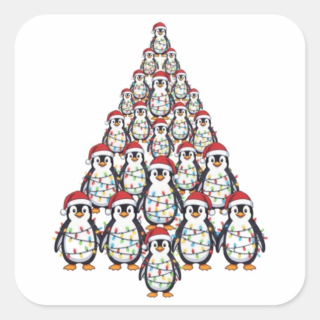 Penguin Christmas Tree Santa Hat Christmas Lights  Square Sticker (Front)