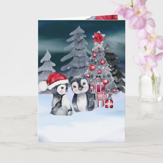 Penguin Christmas Tree Scene Card (Orchid)