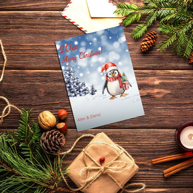 Penguin Christmas tree snow  Holiday Postcard (Creator Uploaded)