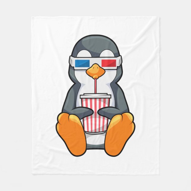 Penguin Cinema Glasses Drinking cup Fleece Blanket (Front)