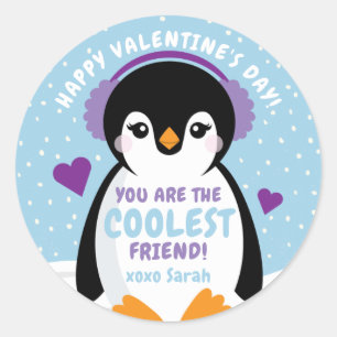 Penguin Classroom Valentine's Day Card for Kids Classic Round Sticker