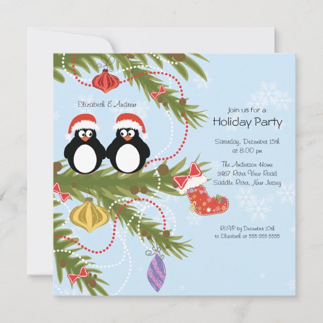 Penguin Couple Christmas Holiday Party Invitation (Front)