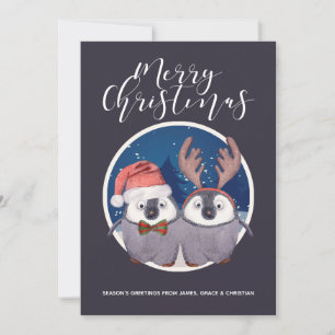 Penguin Couple Cute Santa and Reindeer Christmas Holiday Card