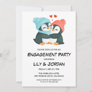 Penguin couple hugging cartoon engagement  invitation