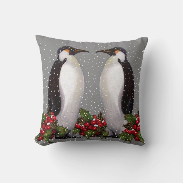 Penguin Couple in Snow: Christmas Art: Holly Throw Pillow (Front)