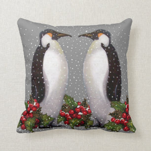 Penguin Couple in Snow: Christmas Art: Holly Throw Pillow