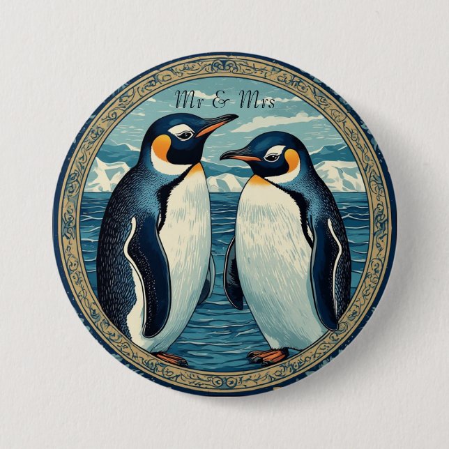 Penguin Couple Winter Snow Blue Ocean Ice Glacier  3 Inch Round Button (Front)