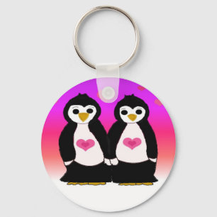 Penguin Couple with Hearts Keychain