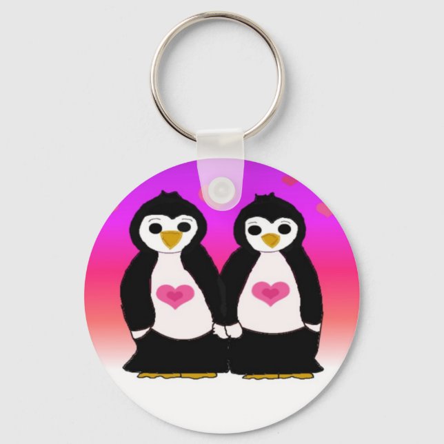 Penguin Couple with Hearts Keychain (Front)