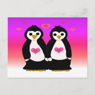 Penguin Couple with Hearts Postcard