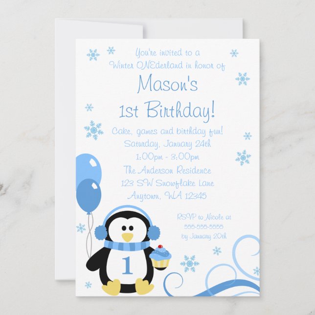 Penguin Cupcake Swirls Winter Onederland Blue Invitation (Front)