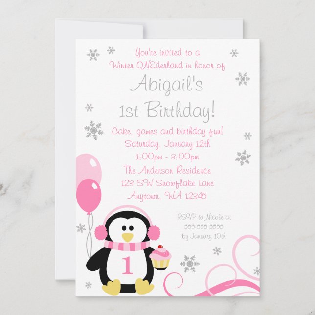 Penguin Cupcake Swirls Winter Onederland Pink Grey Invitation (Front)