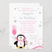 Penguin Cupcake Swirls Winter Onederland Pink Grey Invitation (Front/Back)