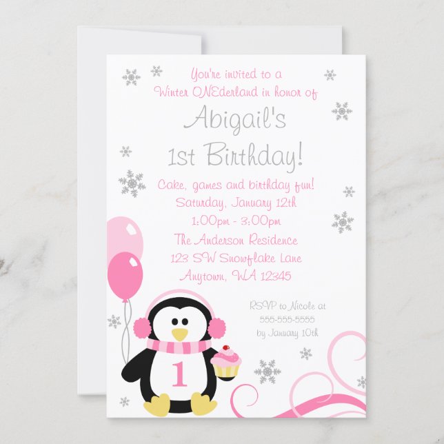 Penguin Cupcake Swirls Winter Onederland Pink Grey Invitation (Front)