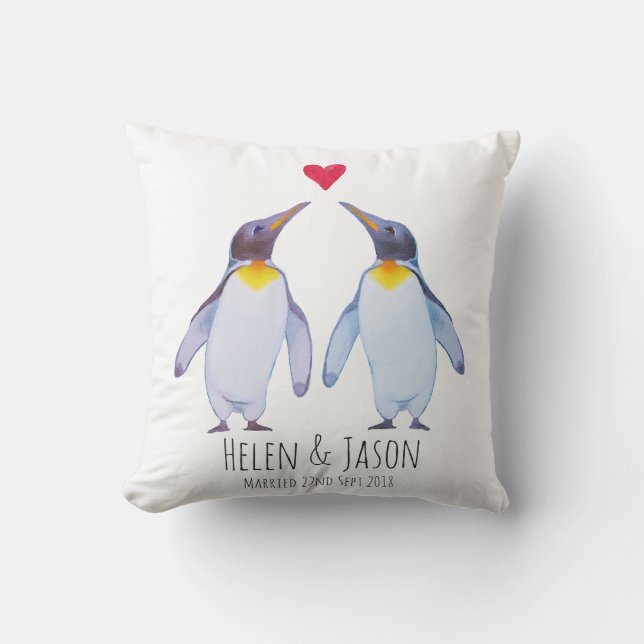 Penguin Custom Names Couple Gift Throw Cushion (Front)