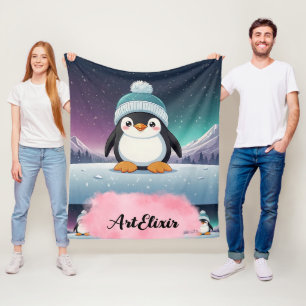 Penguin Cute Kawaii Blue Cap Print  Fleece Blanket