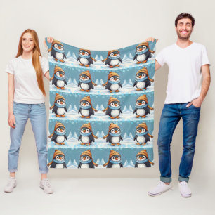 Penguin Cute Kawaii Brown Cap Pattern Fleece Blanket