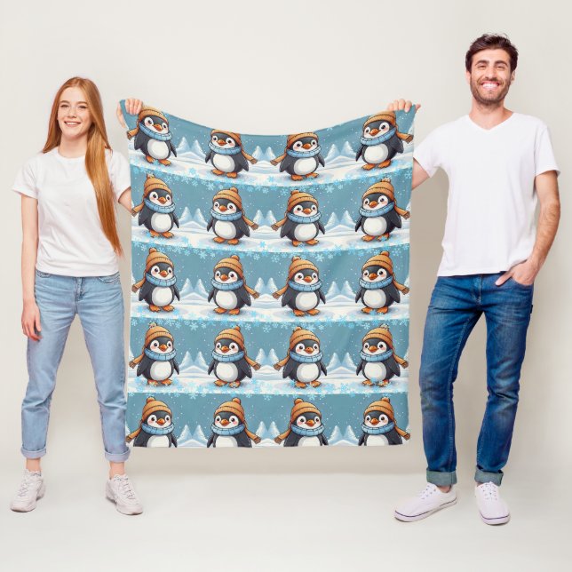 Penguin Cute Kawaii Brown Cap Pattern Fleece Blanket (In Situ)
